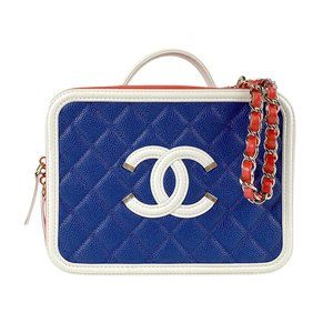 CHANEL CC Figley Shoulder Bag in Caviar Leather, Blue/White/Red, Women's, Z6527